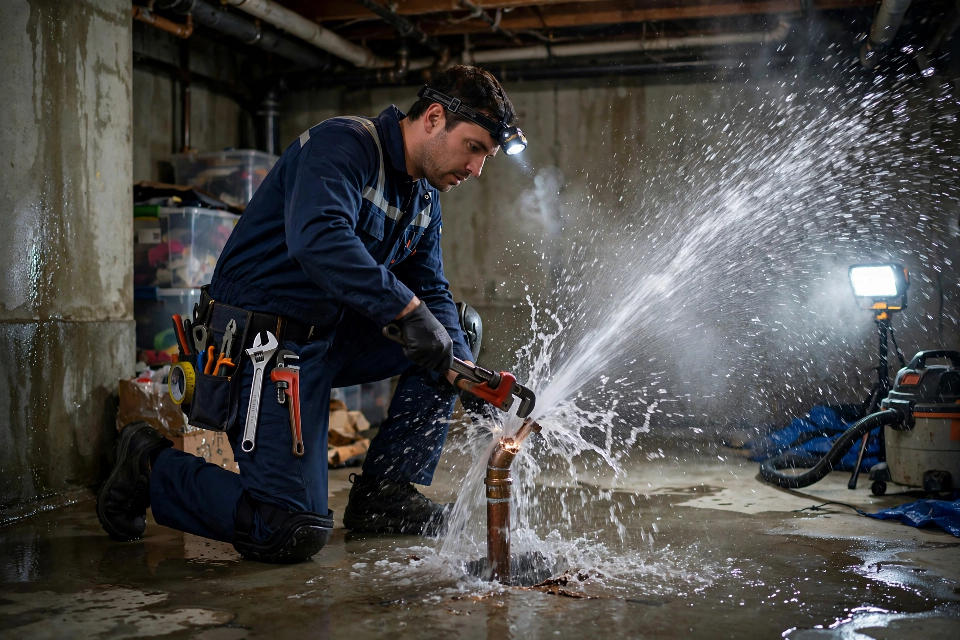 Emergency plumber repairing a burst pipe